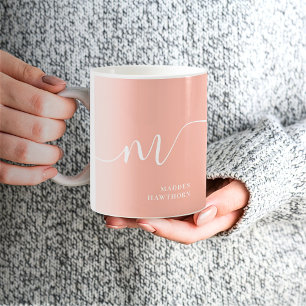 Girly Monogram Script Kalligrafie Coral Blush Pink Koffiemok