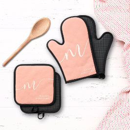 Girly Monogram Script Kalligrafie Coral Blush Pink Ovenwant & Pannenlap Set