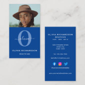 Girly Monogram Script Naam Blauw Wit Job Verticaal Visitekaartje (Voorkant / Achterkant)