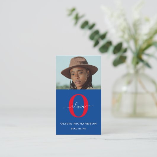 Girly Monogram Script Naam Blauw Wit Rood Verticaa Visitekaartje (Staand voorkant)