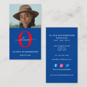 Girly Monogram Script Naam Blauw Wit Rood Verticaa Visitekaartje (Voorkant / Achterkant)