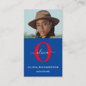 Girly Monogram Script Naam Blauw Wit Rood Verticaa Visitekaartje (Voorkant)