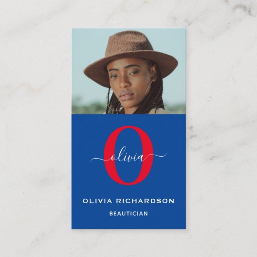 Girly Monogram Script Naam Blauw Wit Rood Verticaa Visitekaartje (Voorkant)