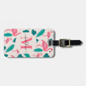 Girly Monogram Tropical Leaves Hot Pink Flamingo Bagagelabel (Voorkant horizontaal)