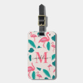 Girly Monogram Tropical Leaves Hot Pink Flamingo Bagagelabel (Voorkant verticaal)