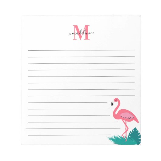 Girly Monogram Tropische Bladeren Roze Flamingo Vo Notitieblok (Voorkant)