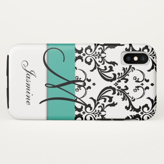 Girly Monogram Turquoise Black Swirls Damask Case-Mate iPhone Case (Achterkant (horizontaal))