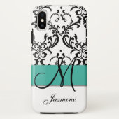 Girly Monogram Turquoise Black Swirls Damask Case-Mate iPhone Case (Achterkant)