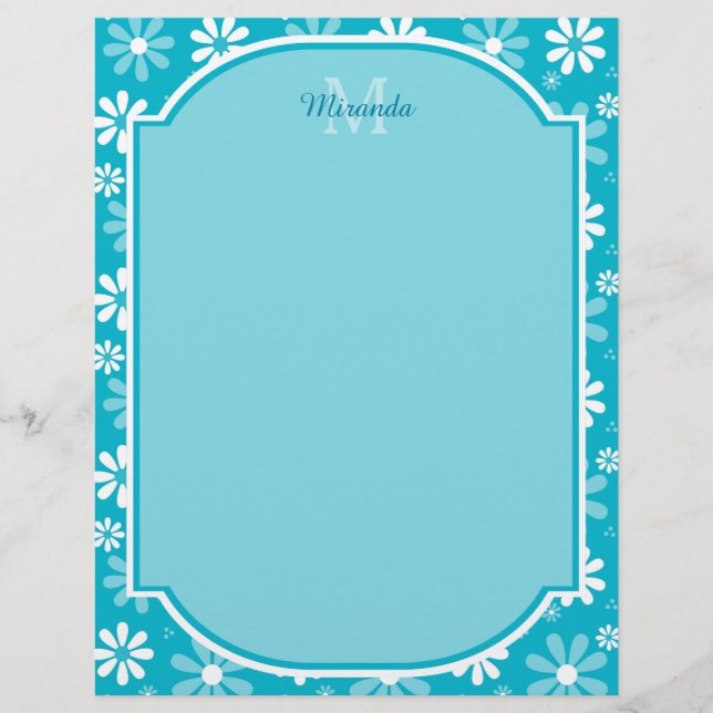 Girly Monogram Turquoise Daisy Flowers met naam (Voorkant)