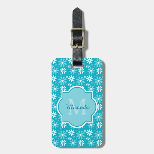 Girly Monogram Turquoise Daisy Flowers met naam Bagagelabel (Voorkant verticaal)