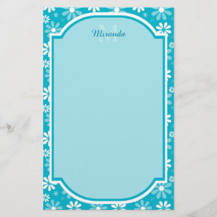 Girly Monogram Turquoise Daisy Flowers met naam Briefpapier