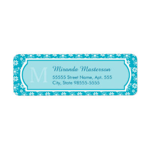 Girly Monogram Turquoise Daisy Flowers met naam Etiket
