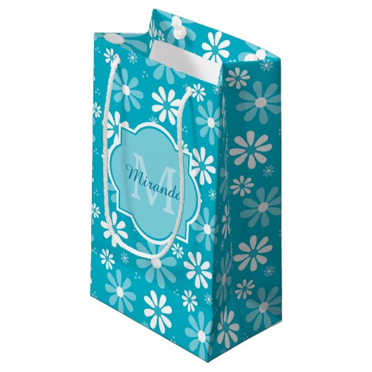 Girly Monogram Turquoise Daisy Flowers met naam Klein Cadeauzakje (Voorkant Gekanteld)