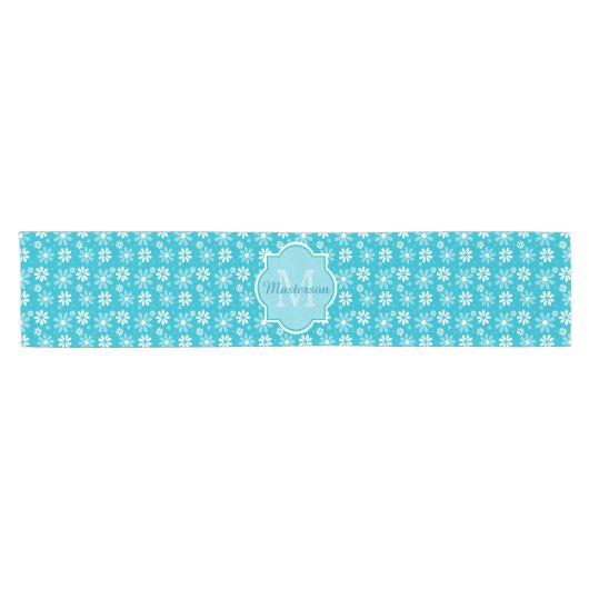 Girly Monogram Turquoise Daisy Flowers met naam Korte Tafelloper (Horizontaal)