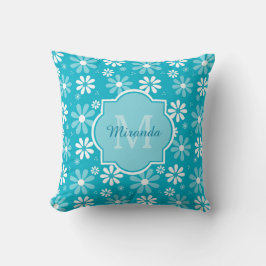 Girly Monogram Turquoise Daisy Flowers met naam Kussen