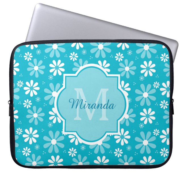 Girly Monogram Turquoise Daisy Flowers met naam Laptop Sleeve (Voorkant)