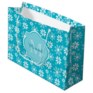 Girly Monogram Turquoise Daisy Flowers met naam Large Cadeautasje