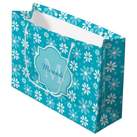Girly Monogram Turquoise Daisy Flowers met naam Large Cadeautasje (Voorkant Gekanteld)
