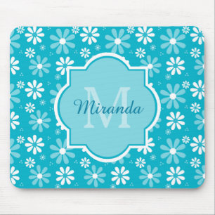 Girly Monogram Turquoise Daisy Flowers met naam Muismat