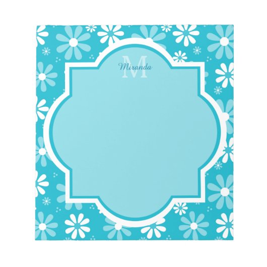 Girly Monogram Turquoise Daisy Flowers met naam Notitieblok (Voorkant)