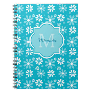 Girly Monogram Turquoise Daisy Flowers met naam Notitieboek