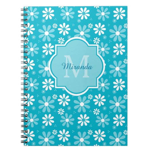 Girly Monogram Turquoise Daisy Flowers met naam Notitieboek (Voorkant)