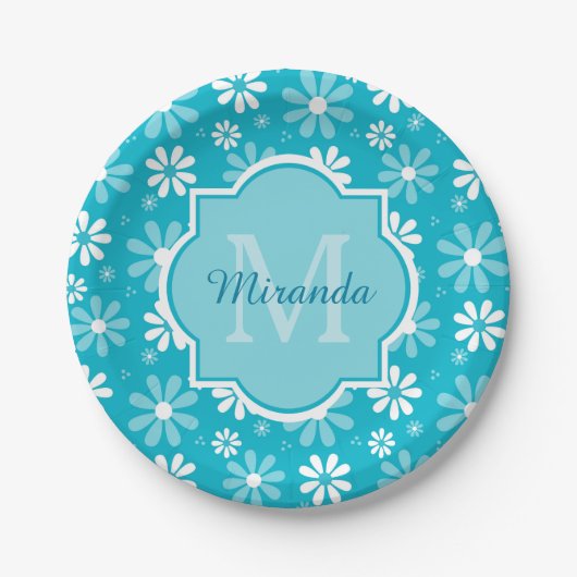 Girly Monogram Turquoise Daisy Flowers met naam Papieren Bordje (Voorkant)