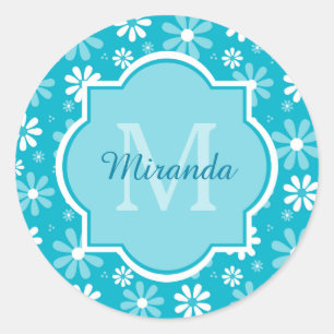 Girly Monogram Turquoise Daisy Flowers met naam Ronde Sticker