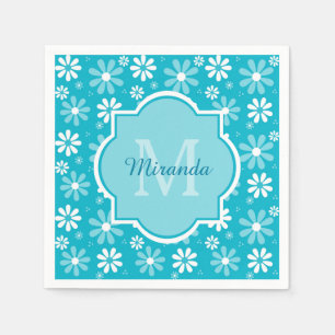 Girly Monogram Turquoise Daisy Flowers met naam Servetten