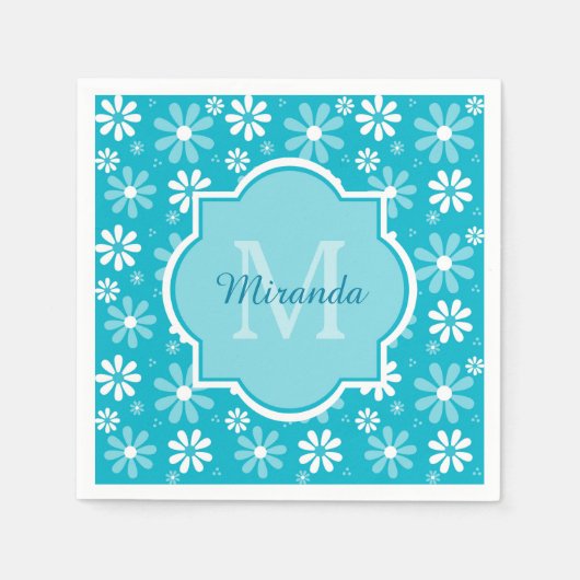 Girly Monogram Turquoise Daisy Flowers met naam Servetten (Voorkant)