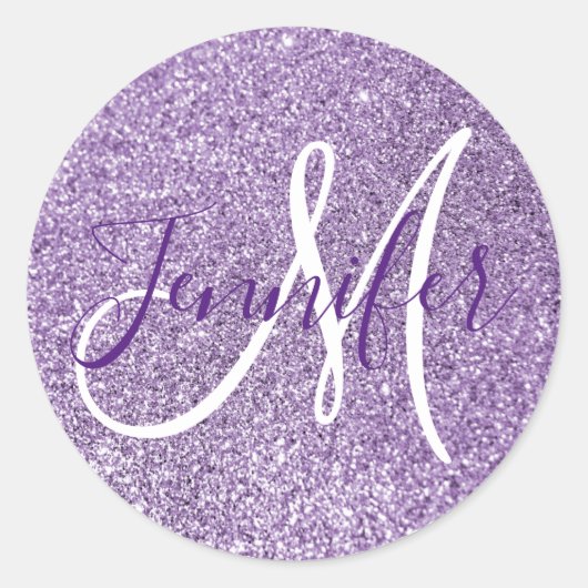 Girly Monogrammed Faux Amethist Glitter Ronde Sticker (Voorkant)