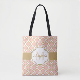 Girly Moroccan Pattern Gold Pink Monogram Tote Bag