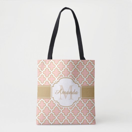 Girly Moroccan Pattern Gold Pink Monogram Tote Bag (Voorkant)