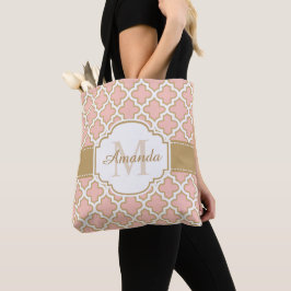 Girly Moroccan Pattern Gold Pink Monogram Tote Bag