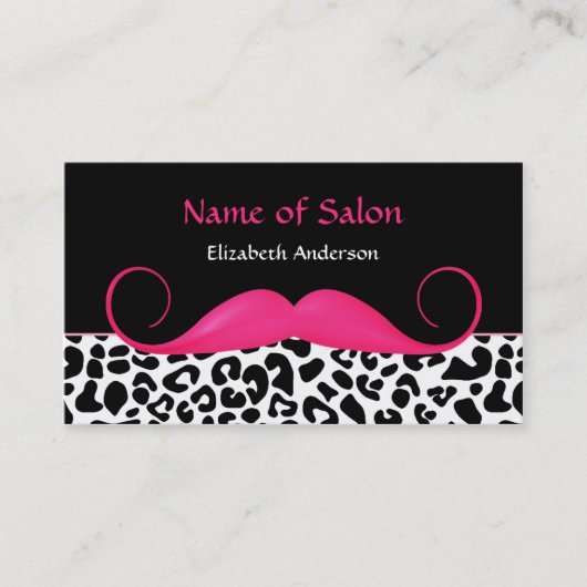Girly Mustache Pink en Black Leopard Hair Salon Visitekaartje (Voorkant)