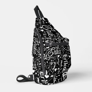 Girly naam, harten en sterren zwart en wit sling bag