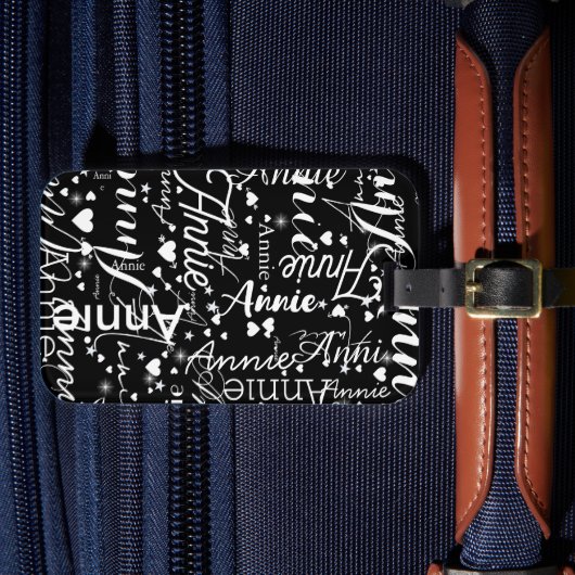 Girly Naam Harten en Sterren Zwart-wit Bagagelabel (Voorkant Insitu 4)