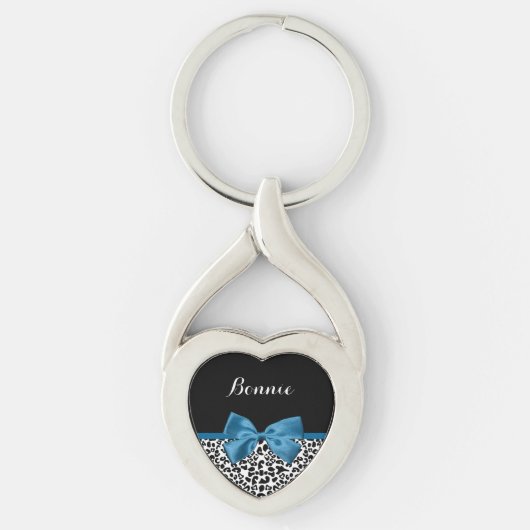 Girly Name Leopard Print  Cobalt Blue Ribbon Sleutelhanger (Voorkant)
