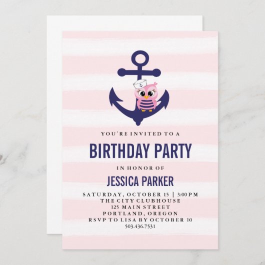 Girly Nautical Anchor met Uil en Stripe Verjaardag Kaart (Voorkant / Achterkant)