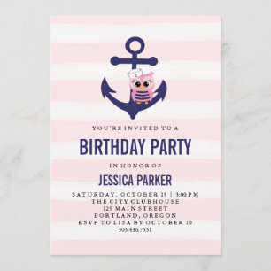 Girly Nautical Anchor met Uil en Stripe Verjaardag Kaart