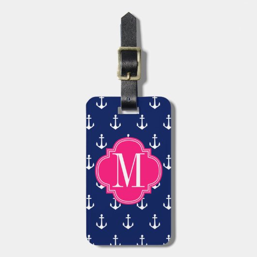Girly Nautical Anchors Navy Pink Personalized Bagagelabel (Voorkant verticaal)