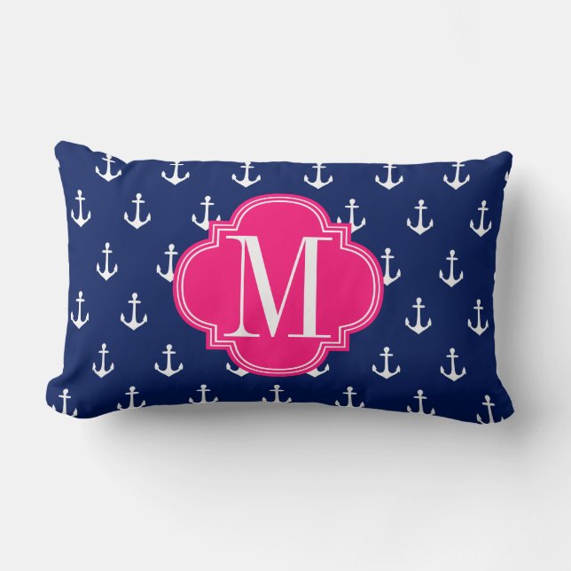 Girly Nautical Anchors Navy Pink Personalized Kussen (Voorkant)