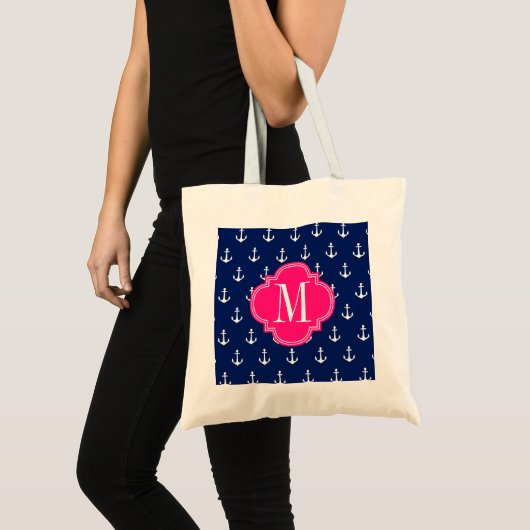 Girly Nautical Anchors Navy Pink Personalized Tote Bag (Voorkant (product))