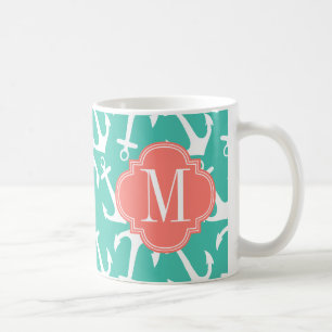 Girly Nautical Anchors Turquoise Coral personalise Koffiemok