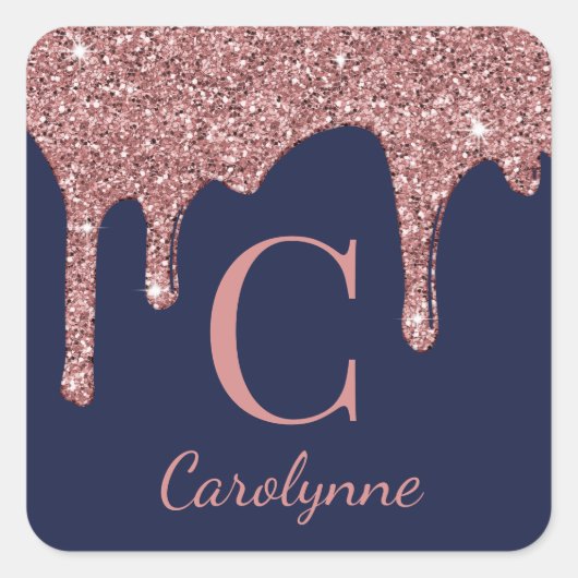 Girly Navy Blauw Blush Roze Sparkle Glitter Drips Vierkante Sticker (Voorkant)