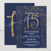 Girly Navy Blauw Goud Confetti Border Quinceañera Kaart (Voorkant / Achterkant)
