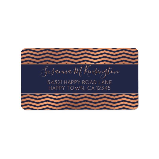 Girly Navy Blue en Roos Gold Foil Chevron Etiket (Voorkant)