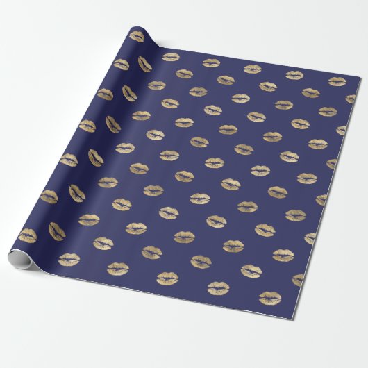 Girly Navy Blue Gold Kiss Lips Pattern Cadeaupapier (Uitgerold)