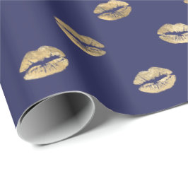 Girly Navy Blue Gold Kiss Lips Pattern Cadeaupapier