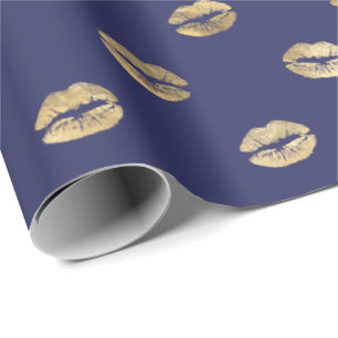 Girly Navy Blue Gold Kiss Lips Pattern Cadeaupapier
